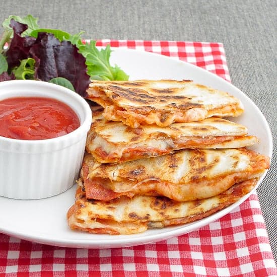 Pepperoni Pizza Quesadillas with dipping sauce