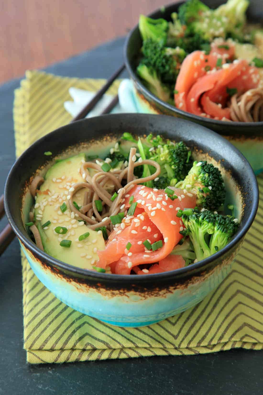 Smoked salmon soba bowl with broccoli