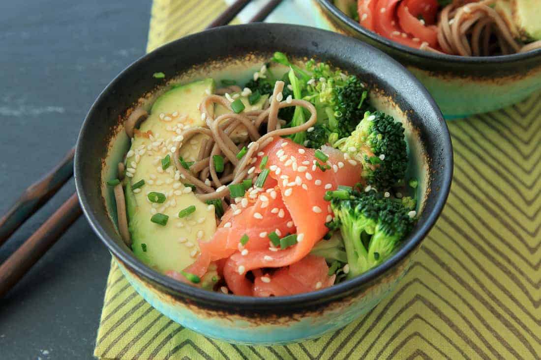 Smoked salmon soba bowl with avocado