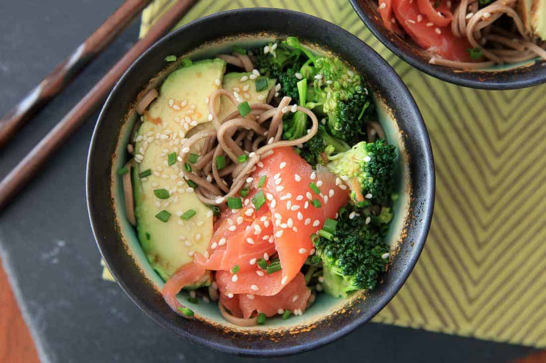 Smoked salmon soba bowl with avocado & broccoli