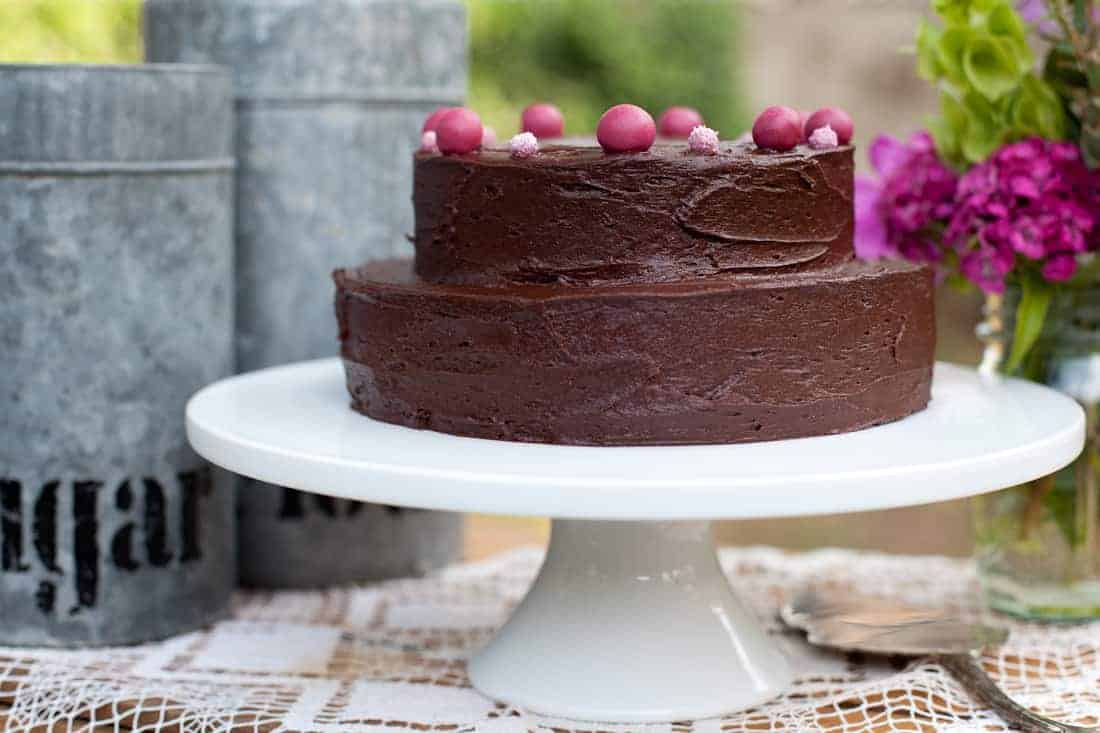 Gluten-free deep chocolate layer cake with chocolate buttercream