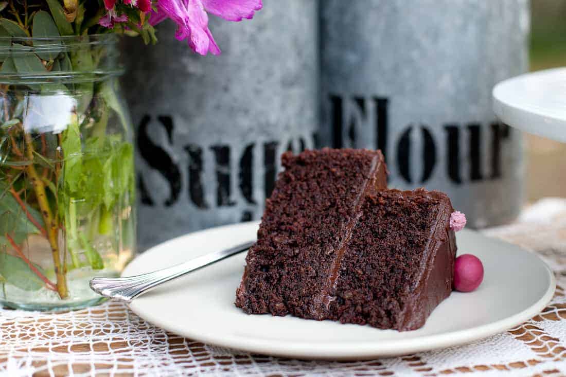 Slice of gluten-free deep chocolate layer cake