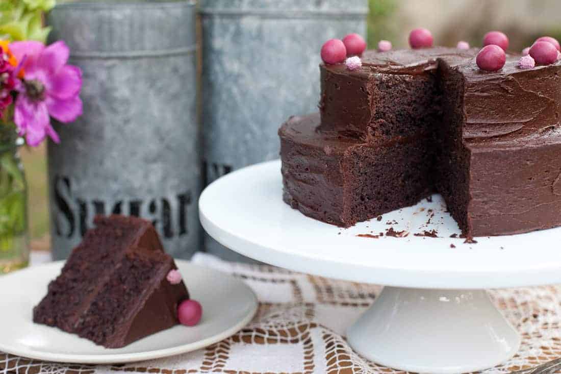 Gluten-free deep chocolate layer cake slice