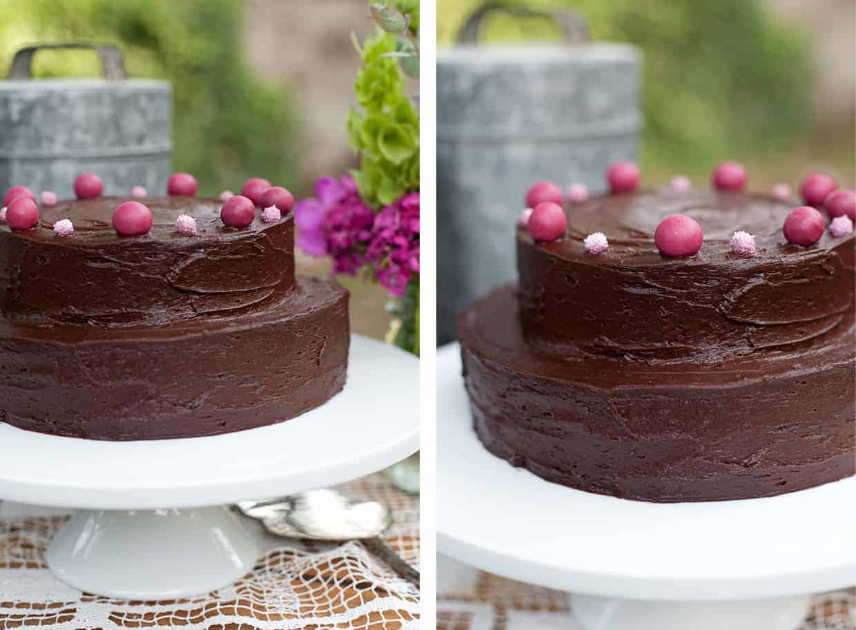 Gluten-free deep chocolate layer cake with marzipan