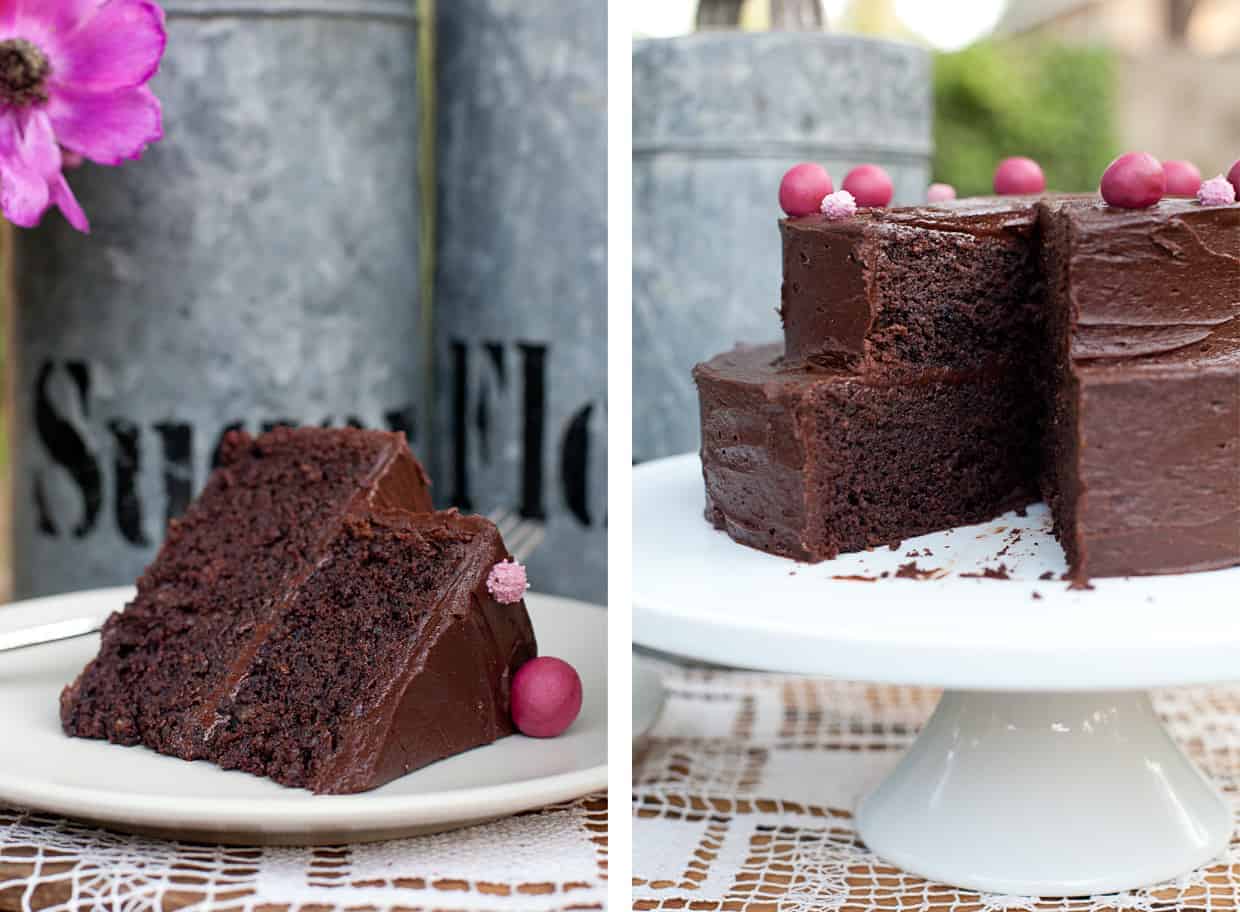 Gluten-free deep chocolate layer cake sliced