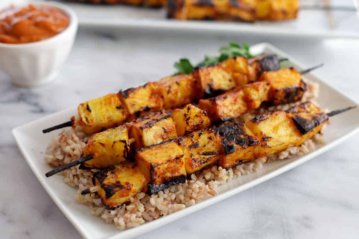 Pineapple Tofu Skewers with Mango BBQ Suce