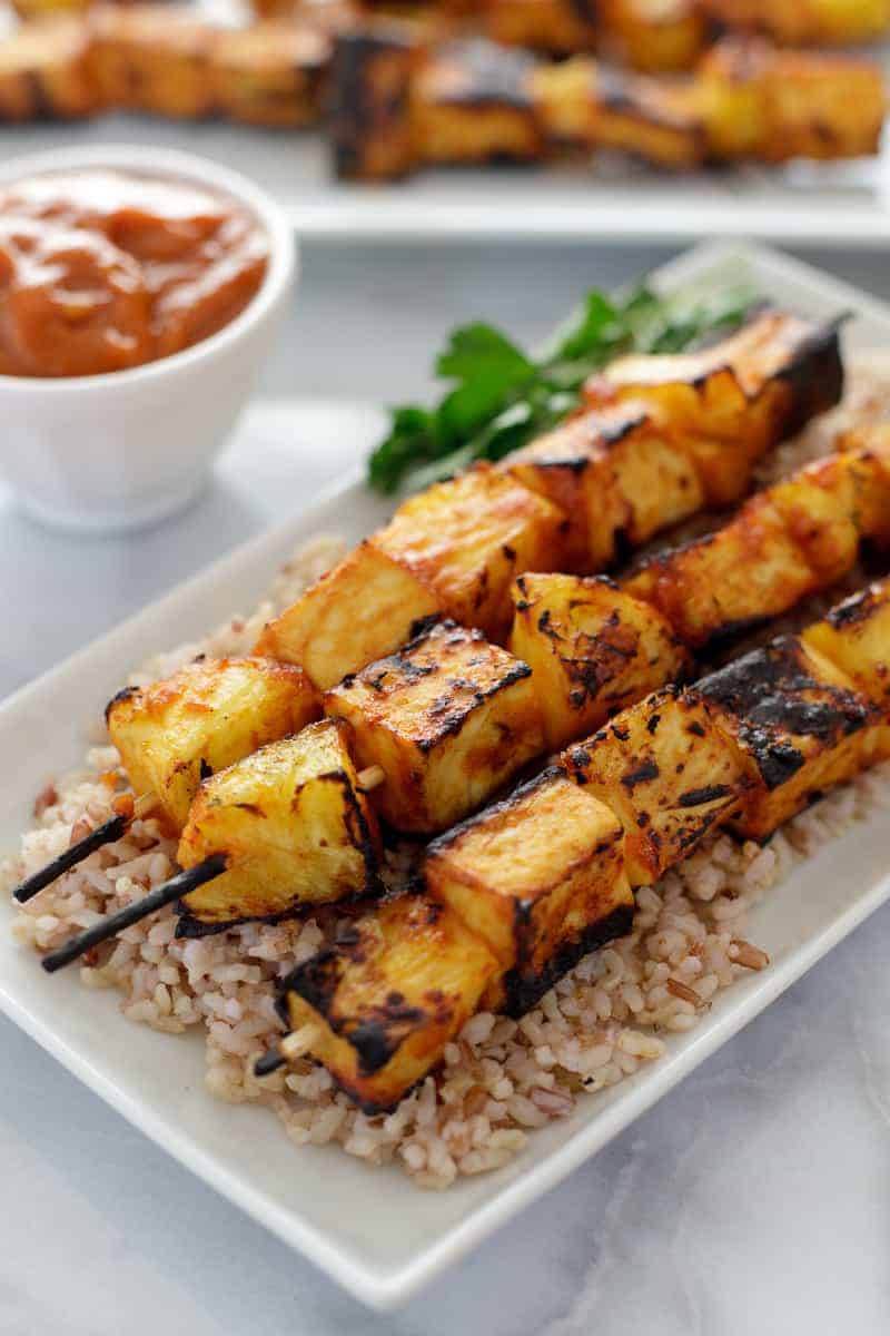 Grilled Pineapple Tofu Skewers with rice