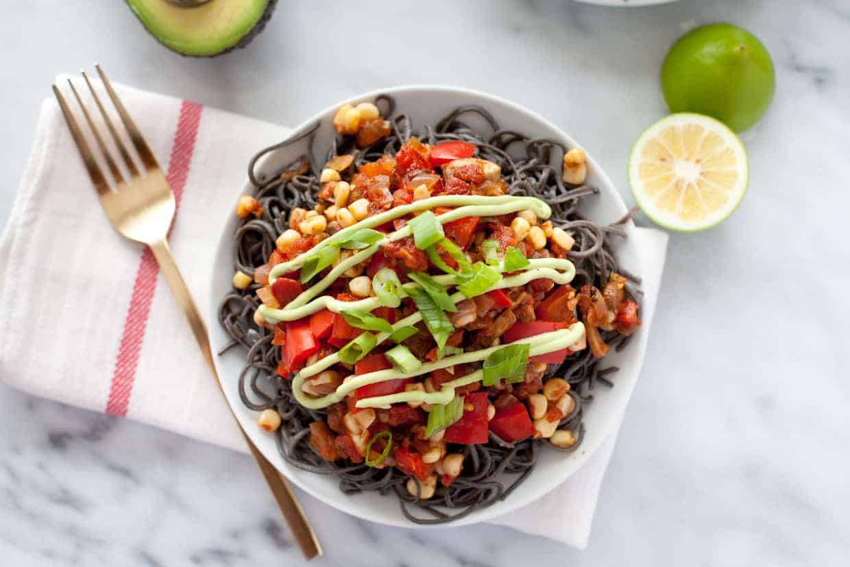 Southwestern Black Bean Spaghetti with Avocado