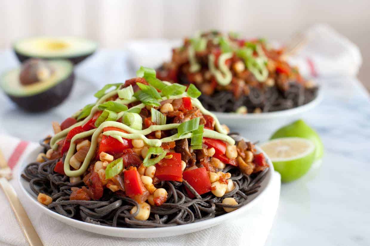 Southwestern Black Bean Spaghetti with Avocado Crema