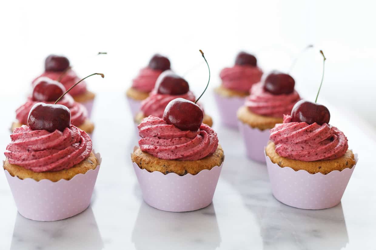 Chocolate Chip Cupcakes with Cherry Frosting