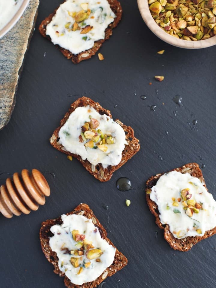 Pistachio Basil Ricotta Spread with Honey