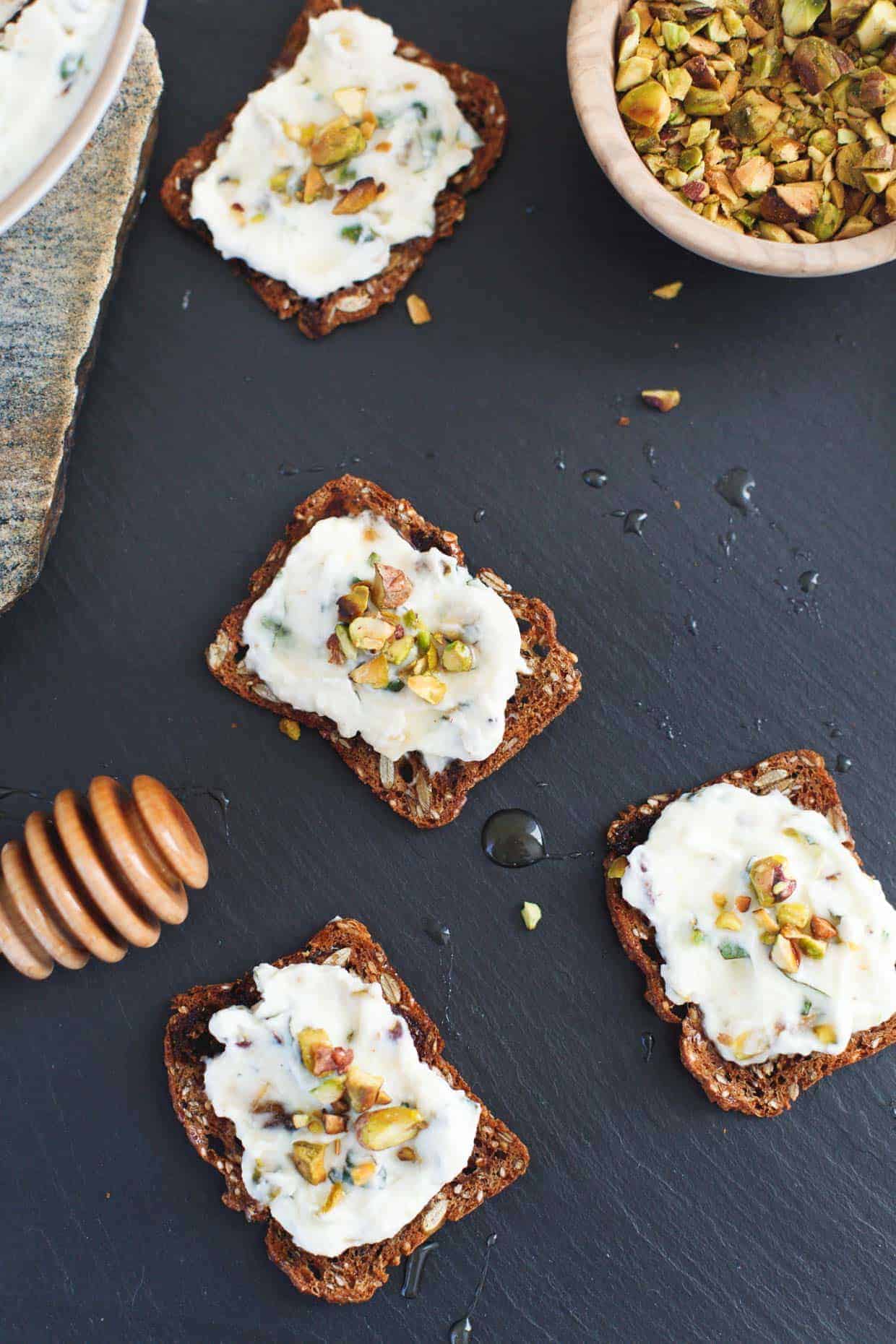 Pistachio Basil Ricotta Spread with Honey