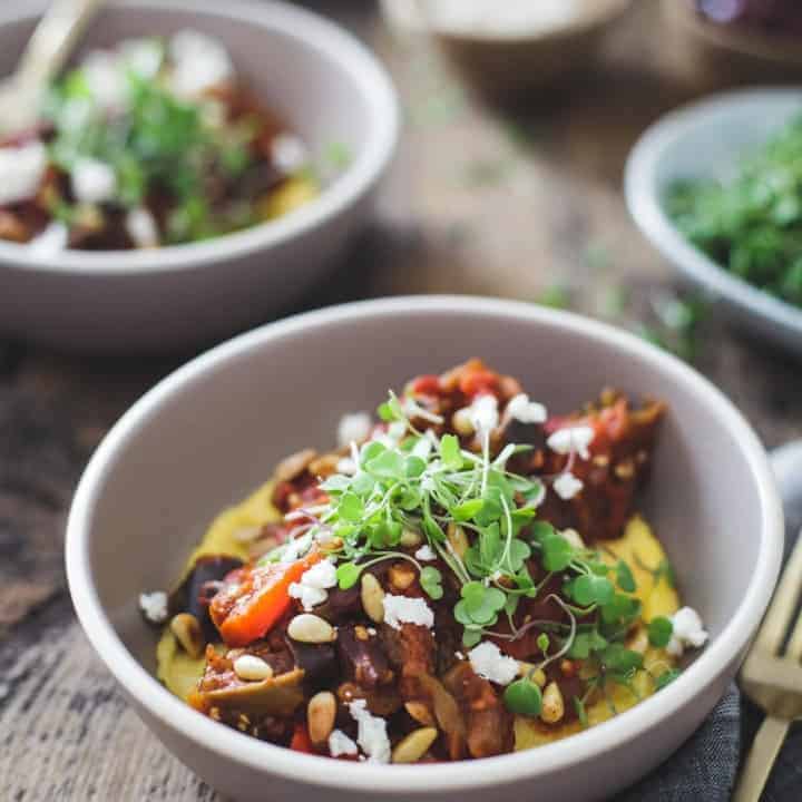 Tomato Eggplant Stew over Parmesan Polenta