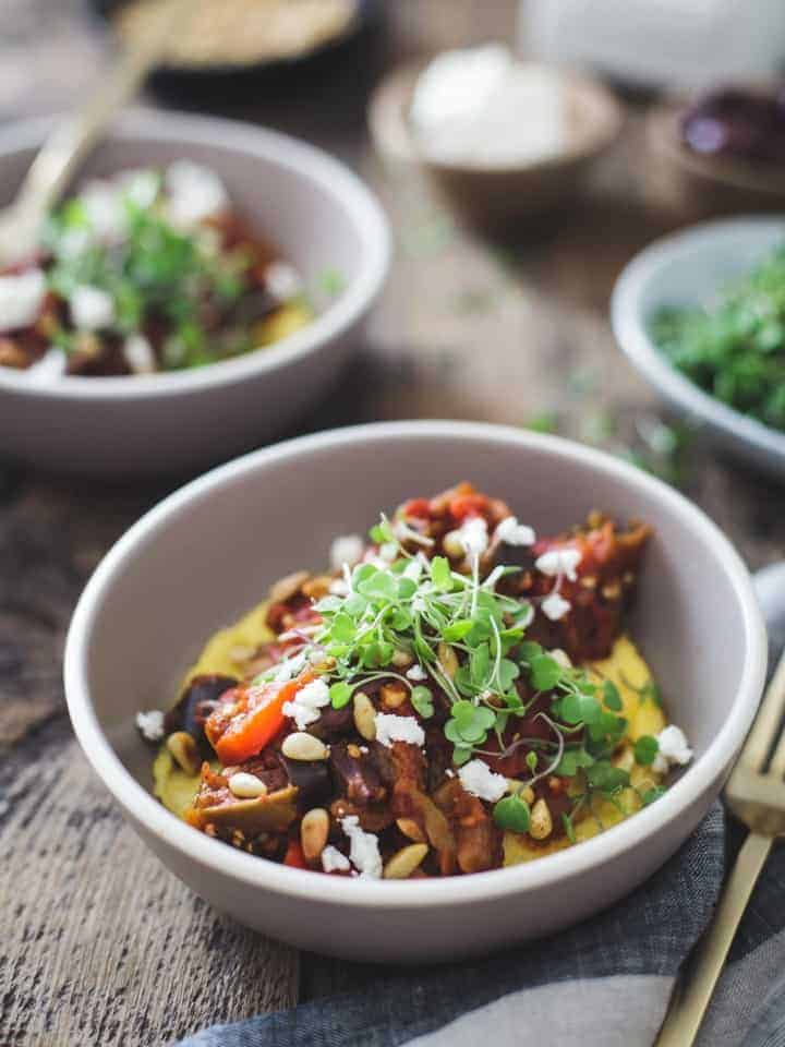 Tomato Eggplant Stew over Parmesan Polenta