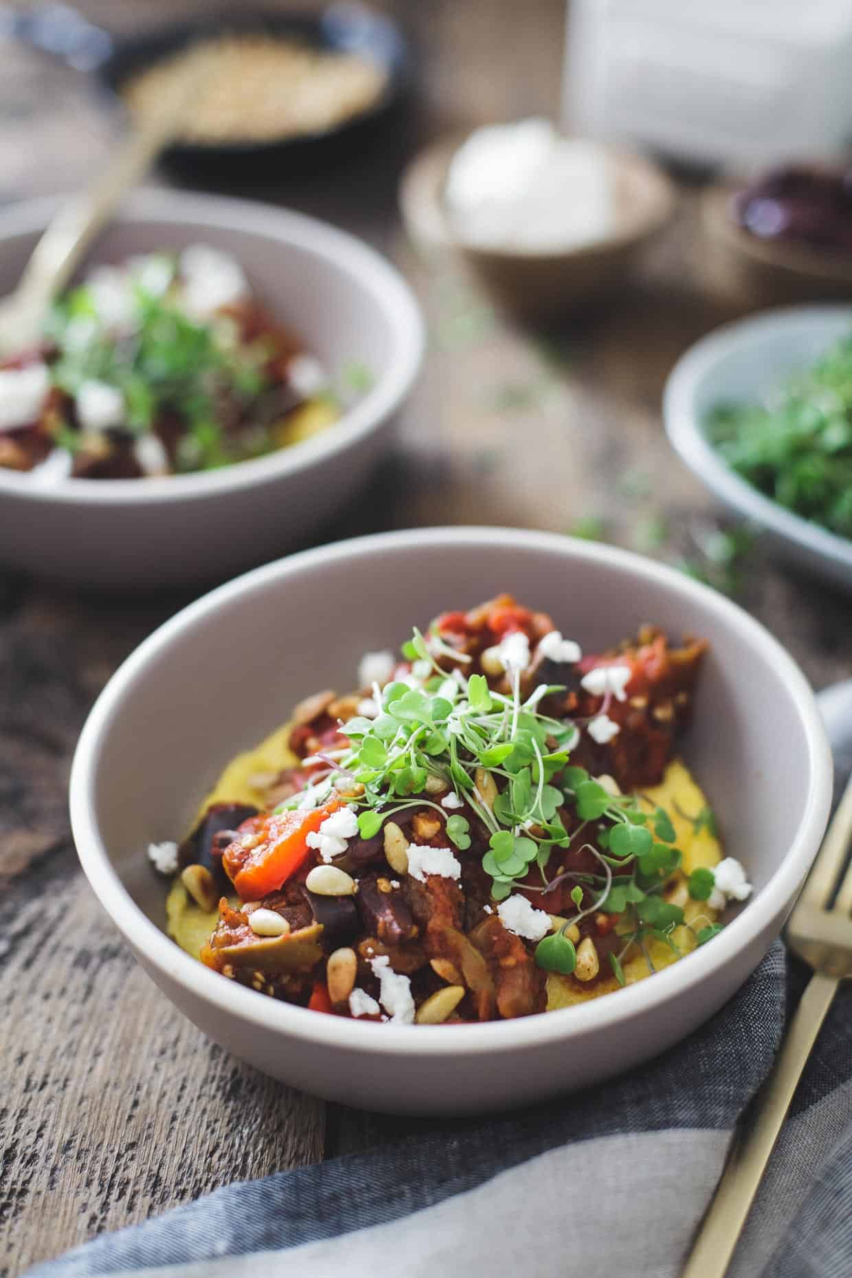 Tomato Eggplant Stew over Parmesan Polenta