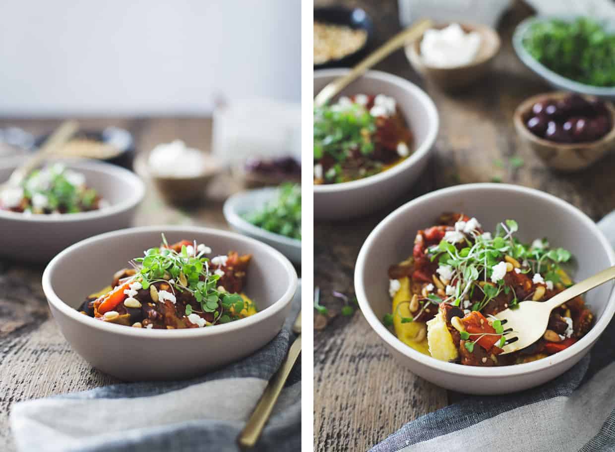 Tomato Eggplant Stew with Feta and Arugula