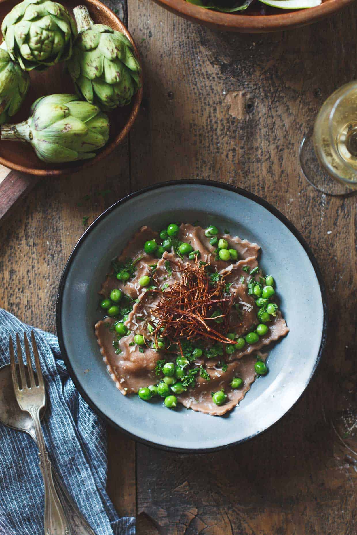 Gluten-free Chestnut Flour Pasta Ravioli with Goat Cheese and Spring Vegetables