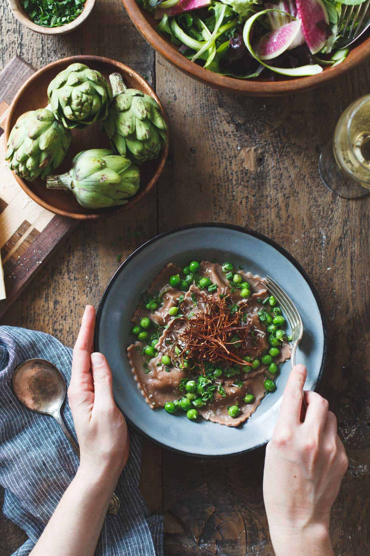 Gluten-free Chestnut Flour Pasta Ravioli with Goat Cheese and Spring Vegetables