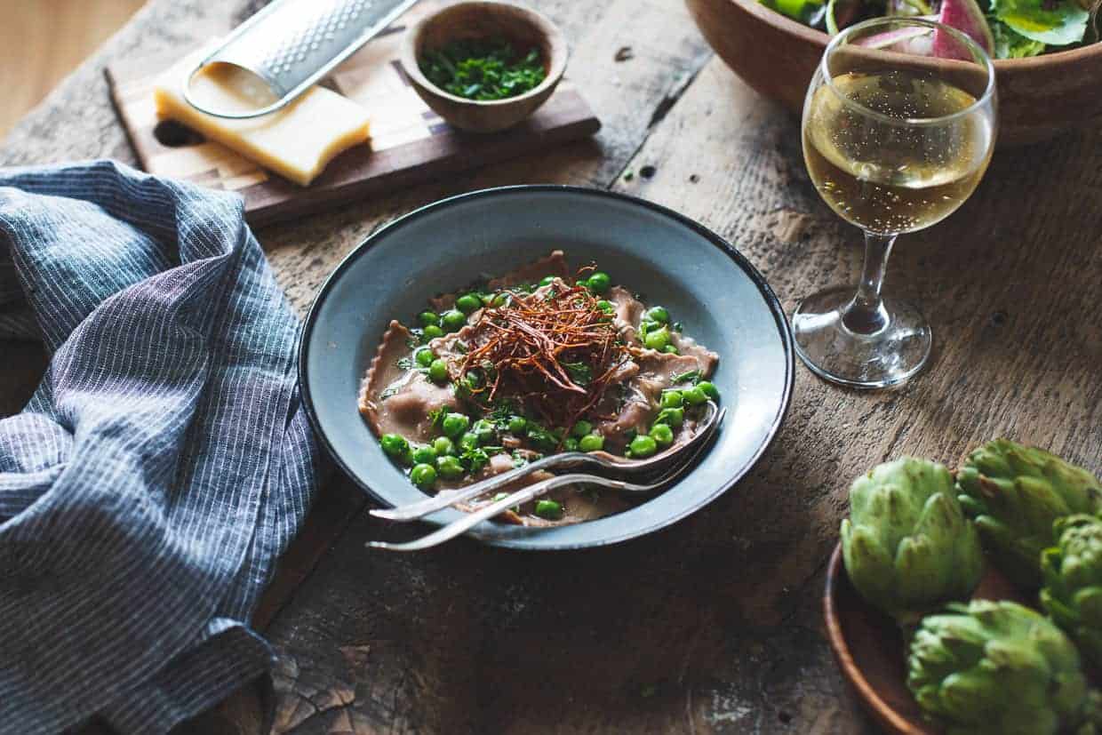 Gluten-free Chestnut Flour Pasta Ravioli with Goat Cheese and Spring Vegetables