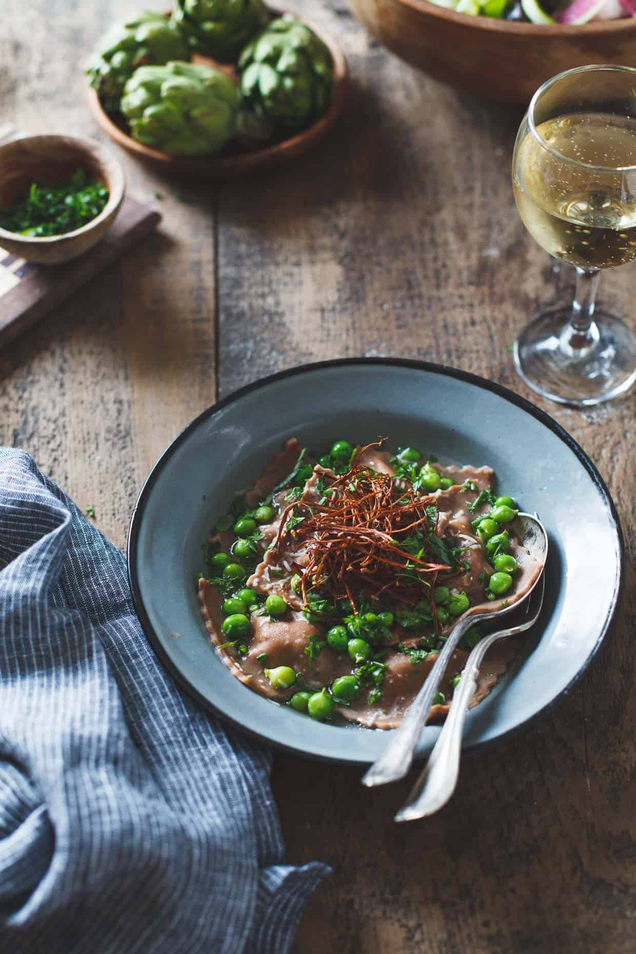 Gluten-free Chestnut Flour Pasta Ravioli with Goat Cheese and Spring Vegetables