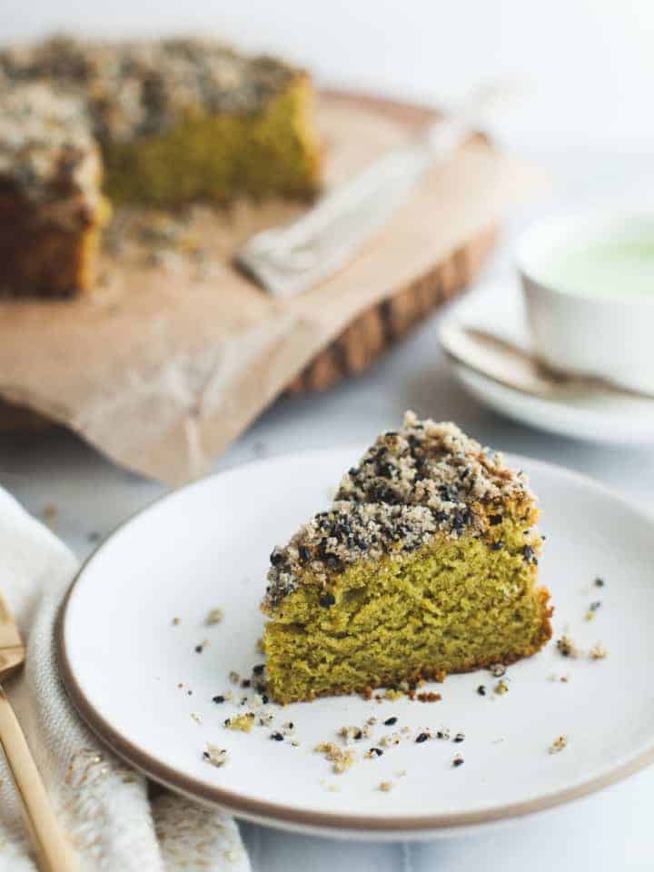 Gluten-Free Matcha Cake with Black Sesame Streusel