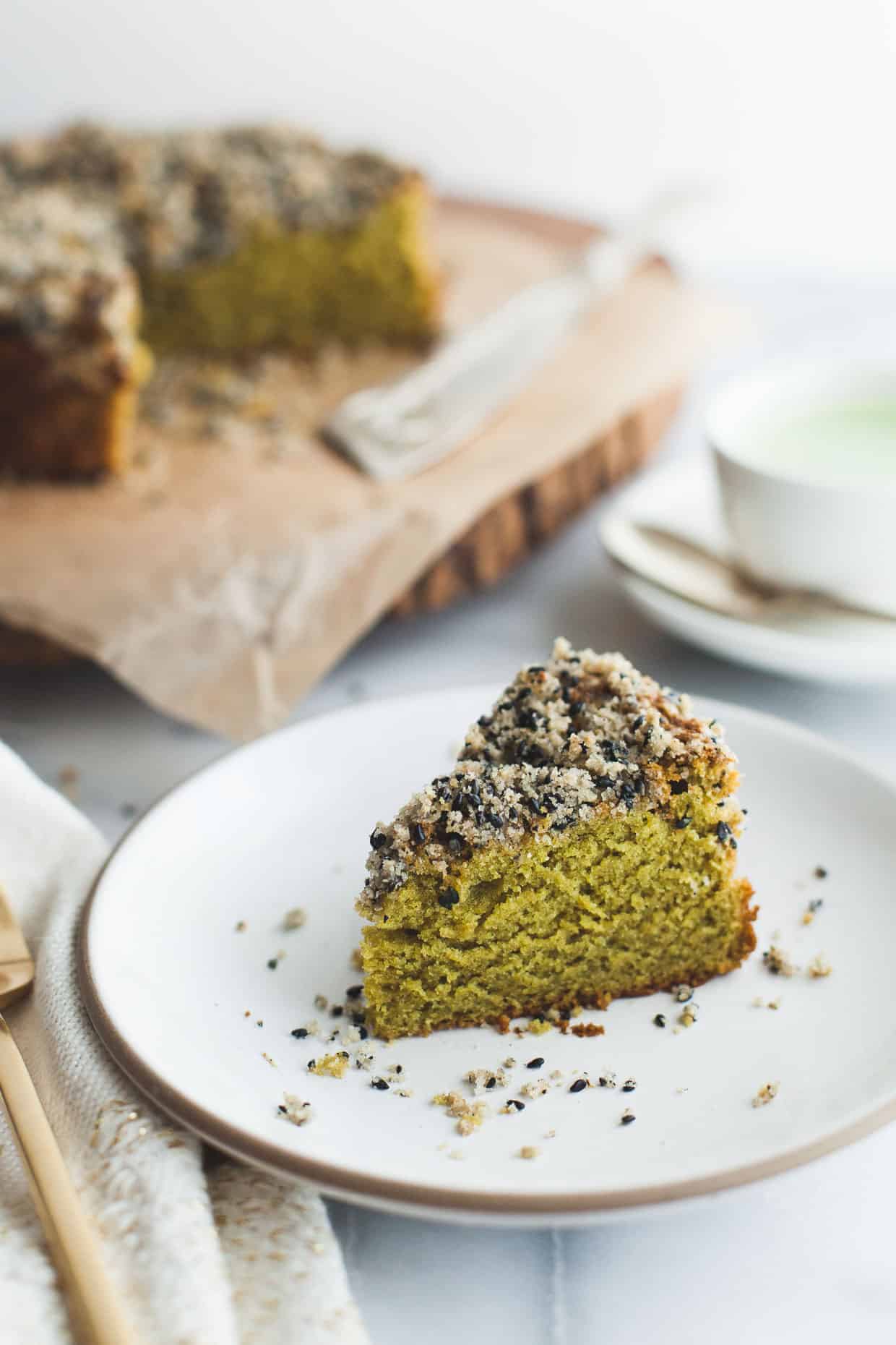 Gluten-Free Matcha Cake with Black Sesame Streusel