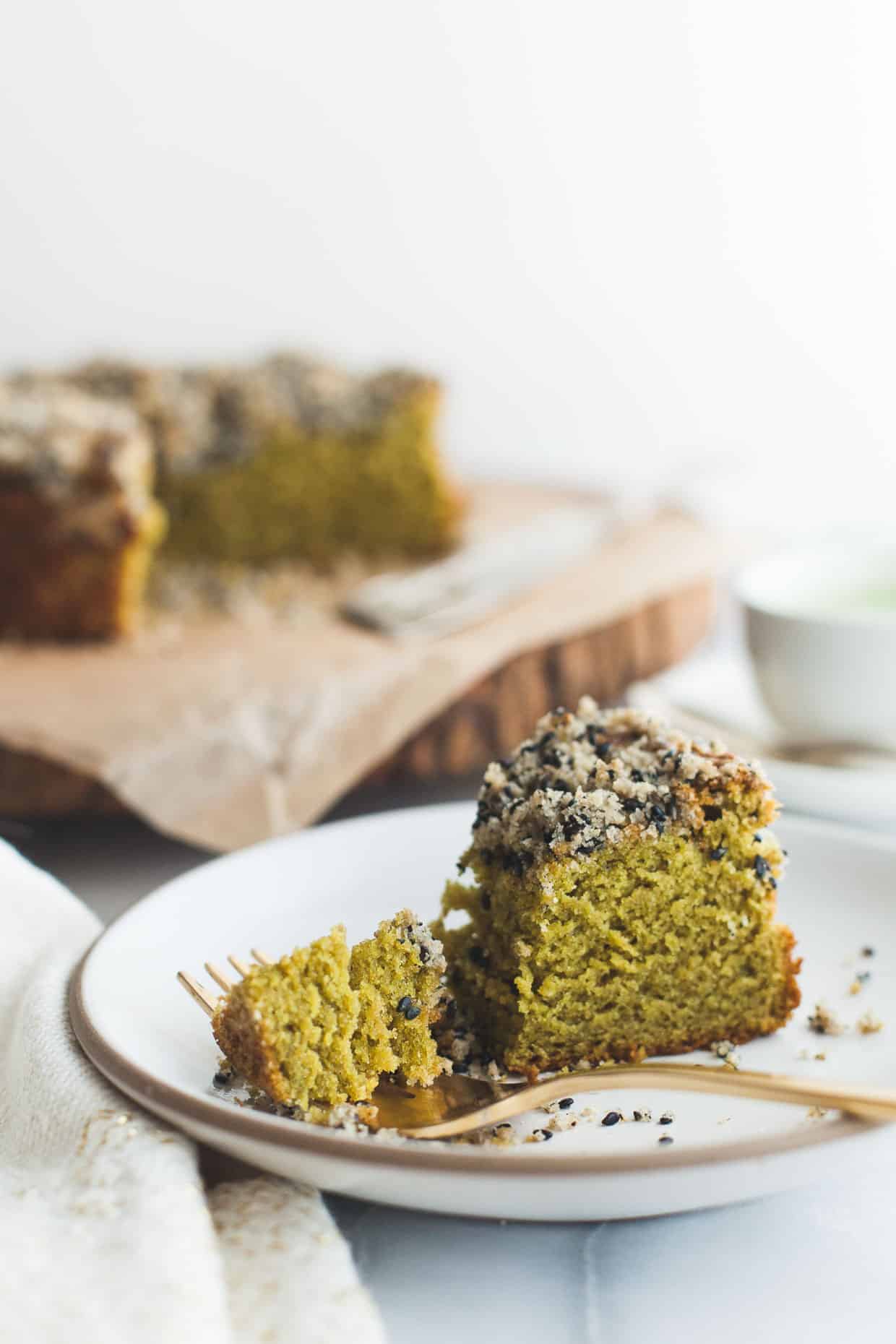 Matcha Cake with Black Sesame Streusel