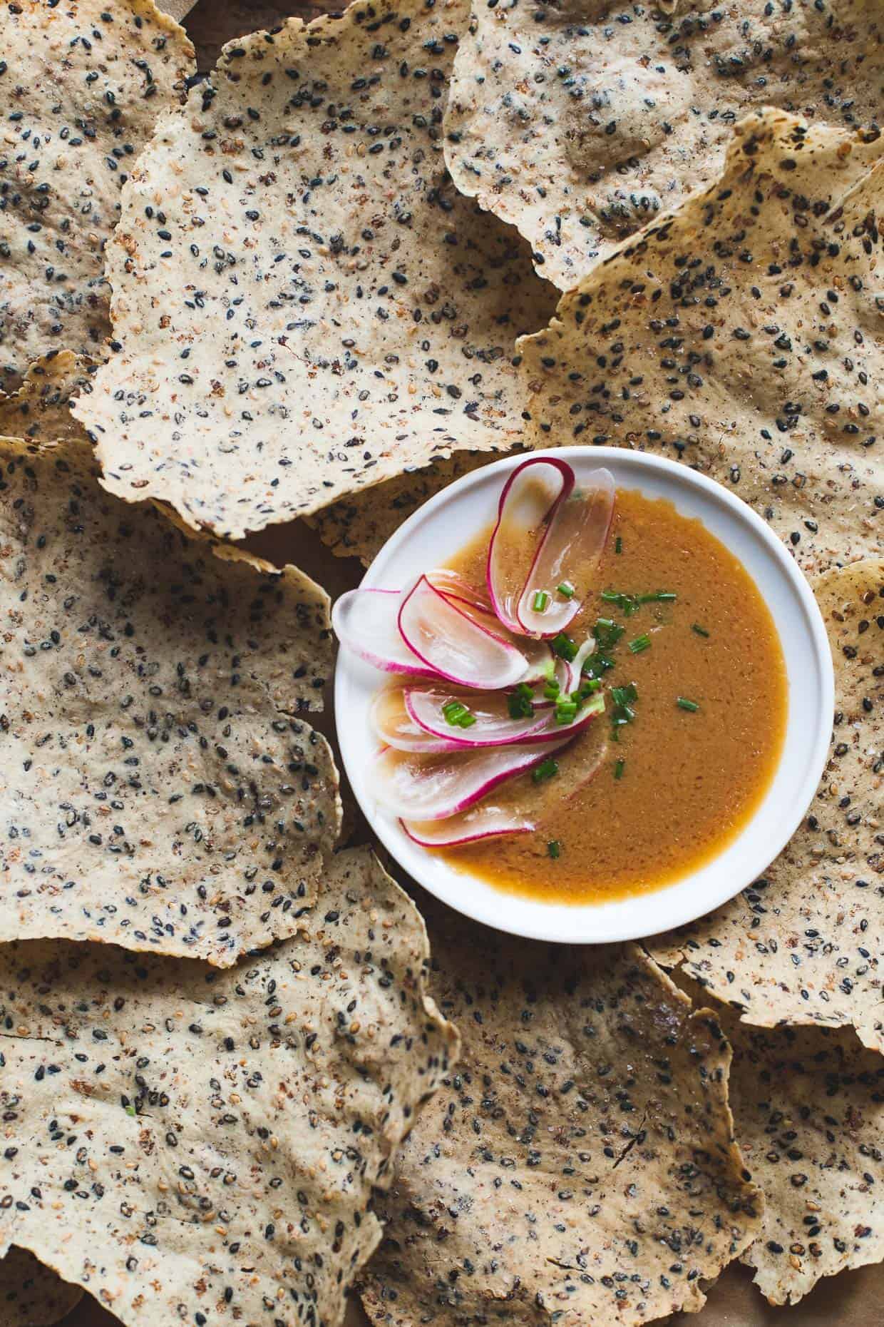 Black Sesame and Wild Rice Crackers with Ginger Miso Dip