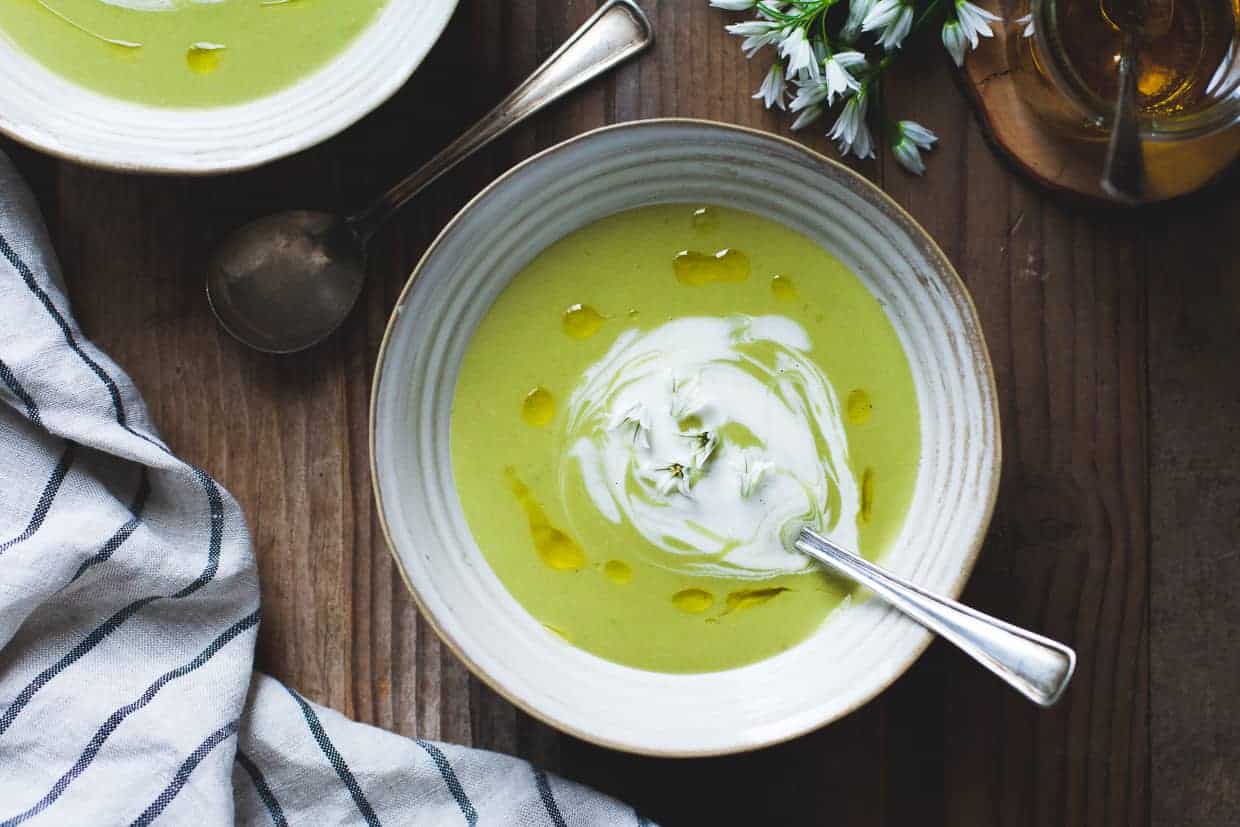 Fava Bean Soup with Thyme Olive Oil & Lemon Crème Fraîche