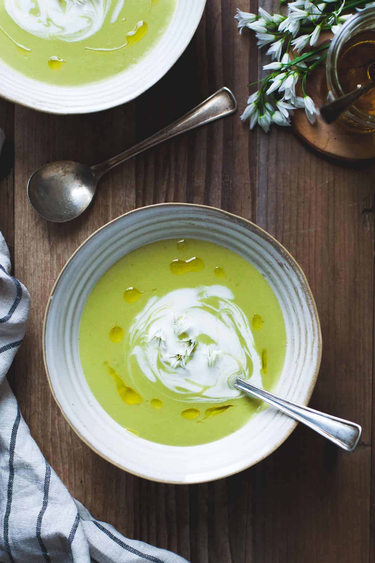 Fava Bean Soup with Lemon Crème Fraîche & Thyme Olive Oil 