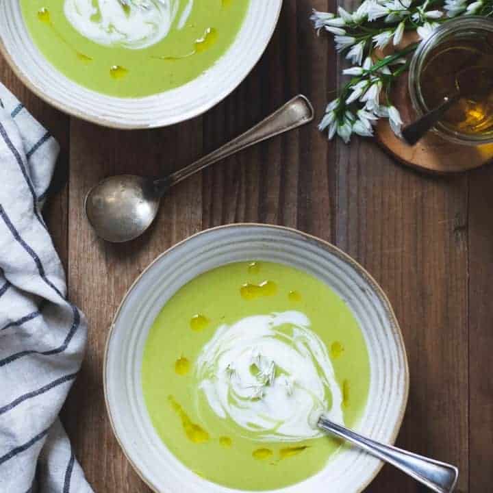 Fava Bean Soup with Lemon Crème Fraîche & Thyme Olive Oil