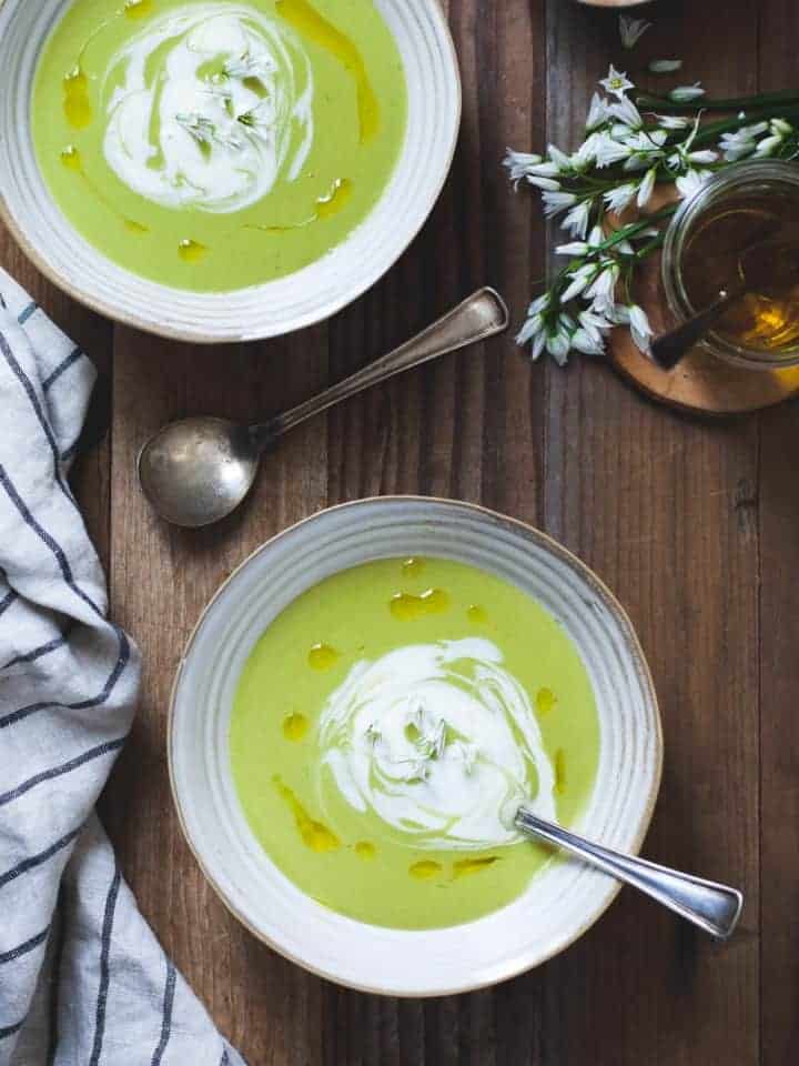 Fava Bean Soup with Lemon Crème Fraîche & Thyme Olive Oil