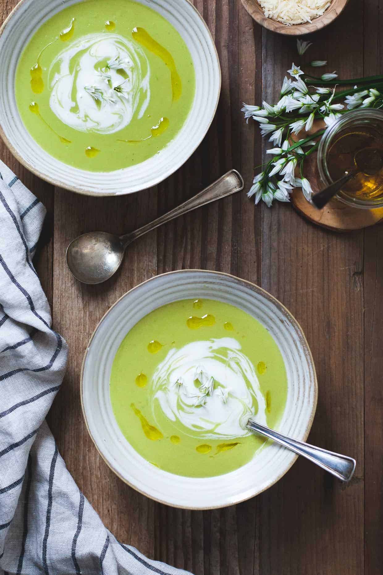 Fava Bean Soup with Lemon Crème Fraîche & Thyme Olive Oil