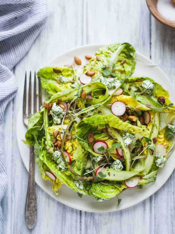 Little Gem Spring Salad with Toasted Seeds & Herbed Goat Cheese