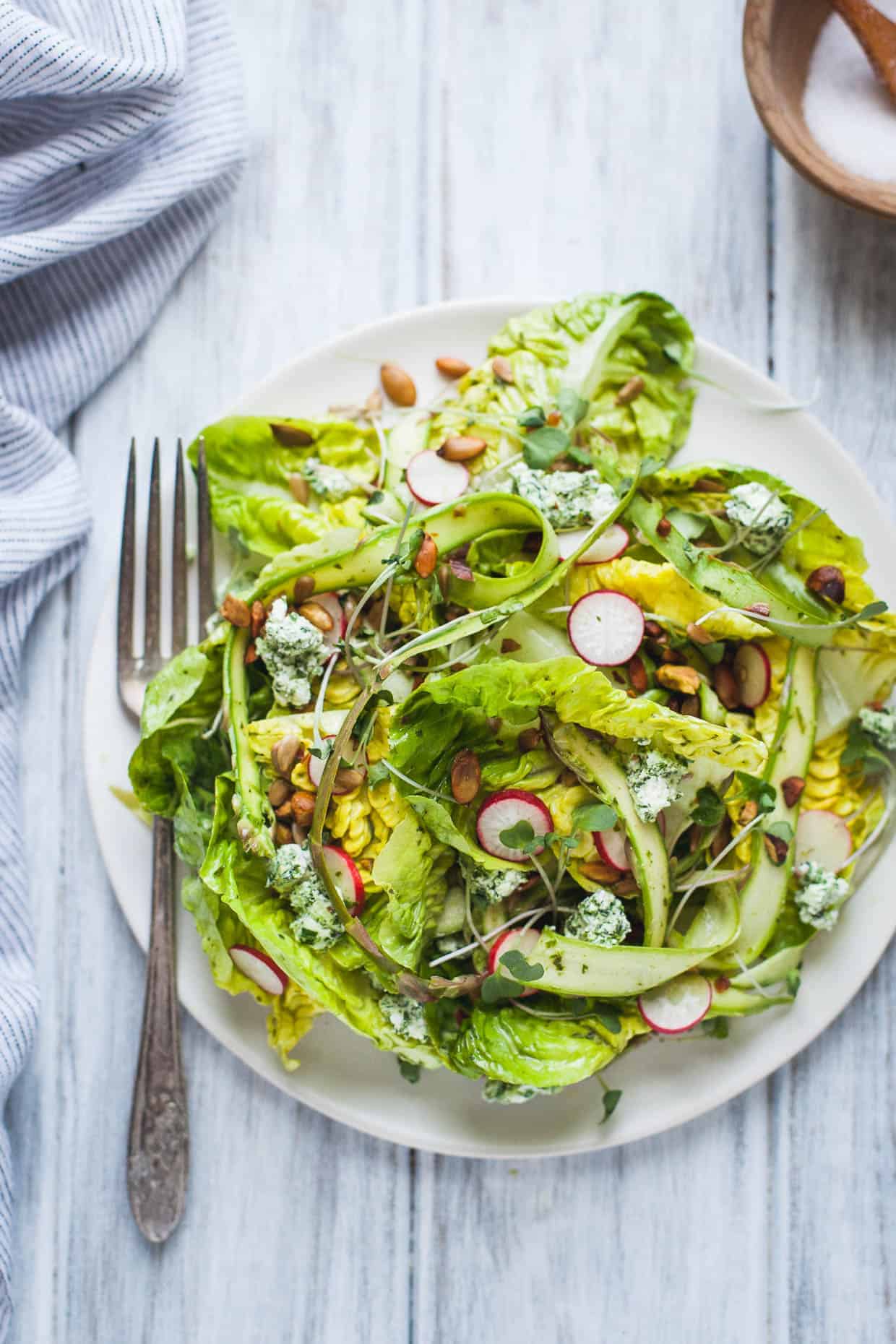 Little Gem Spring Salad with Toasted Seeds & Herbed Goat Cheese