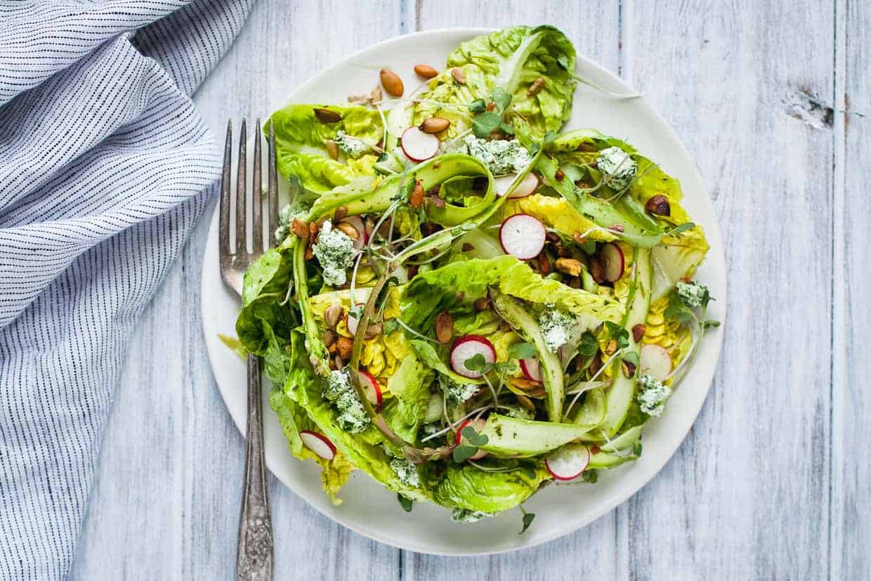 Little Gem Spring Salad with Toasted Seeds & Herbed Goat Cheese