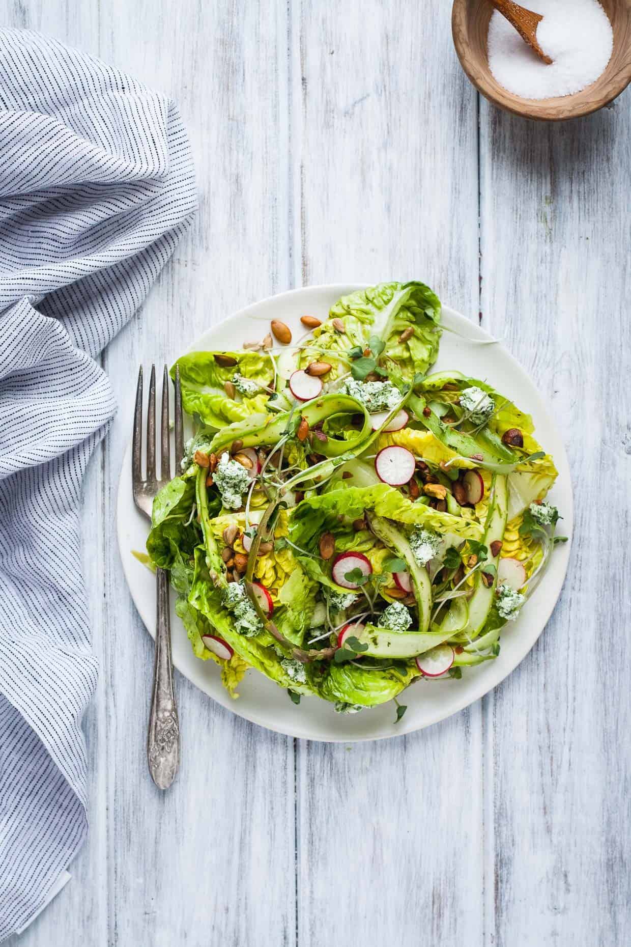 Little Gem Spring Salad with Toasted Seeds and Herbed Goat Cheese