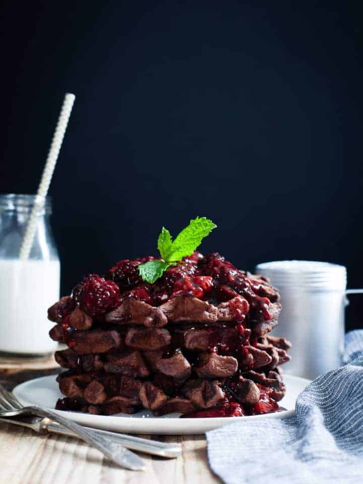 Chocolate Chestnut Waffles with Balsamic Roasted Berries