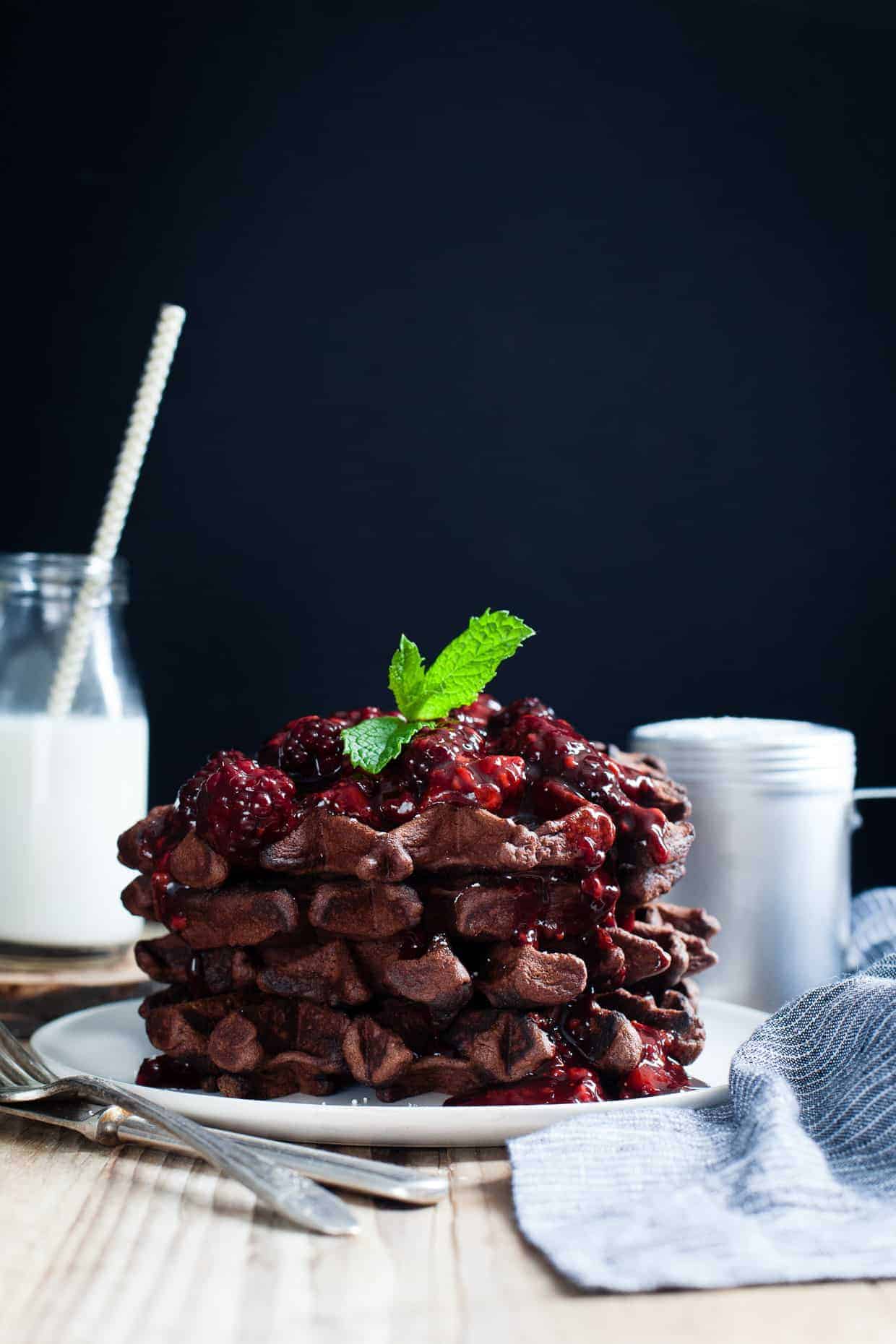 gluten-free chocolate chestnut waffles with balsamic roasted berries