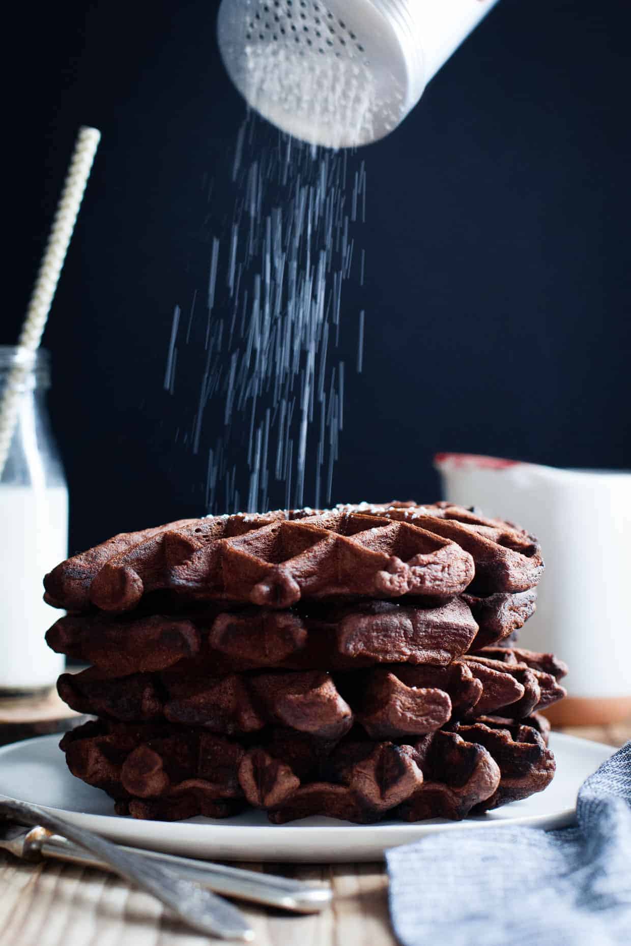 Chocolate Chestnut Waffles with Balsamic Roasted Berries