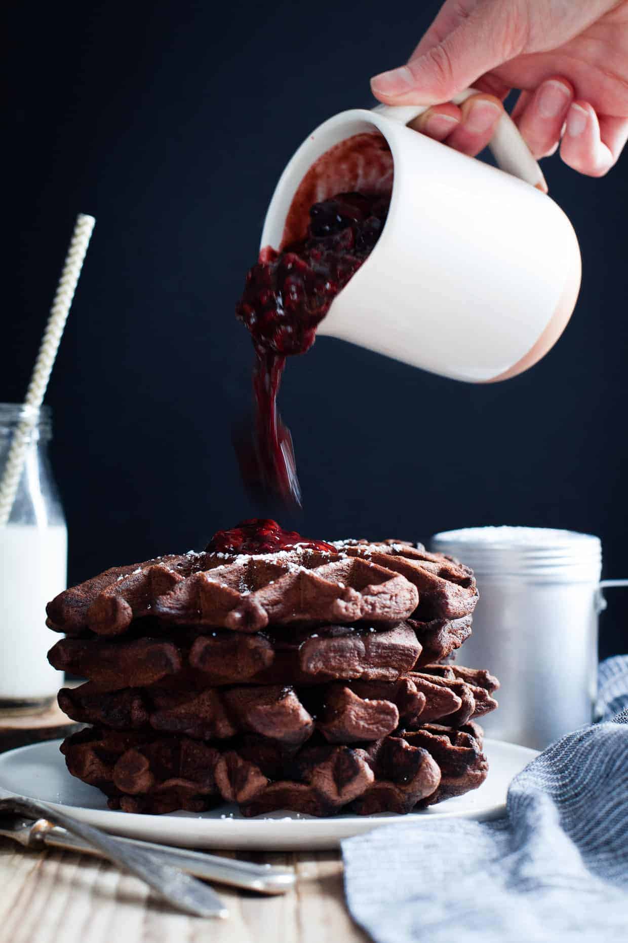 Chocolate Chestnut Waffles with Balsamic Roasted Berries