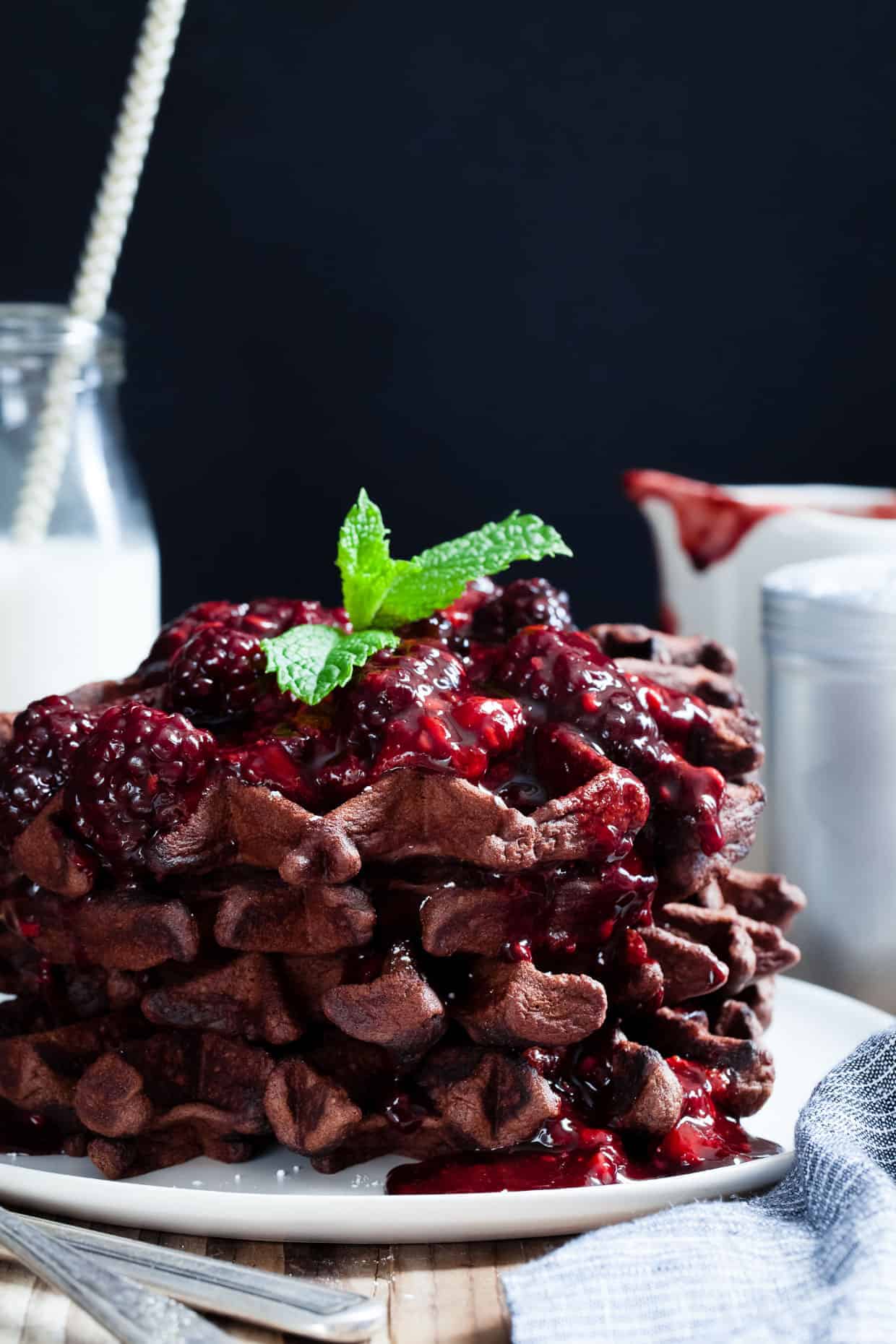 Chocolate Chestnut Waffles with Balsamic Roasted Berries