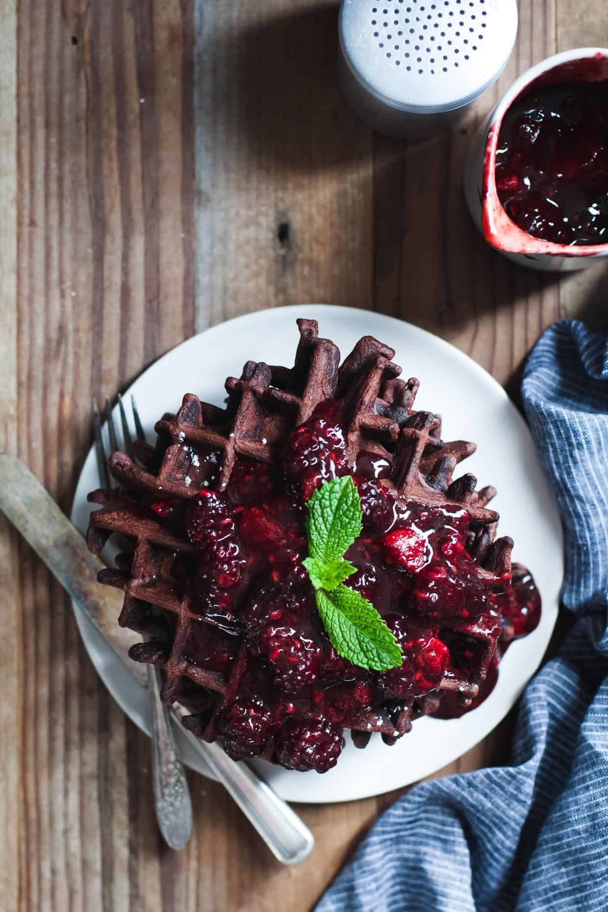 Chocolate Chestnut Waffles with Balsamic Roasted Berries