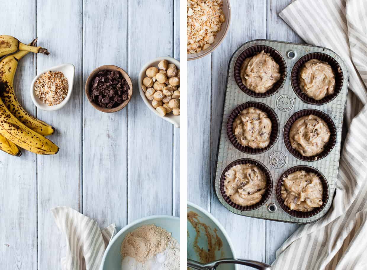 Coconut Chocolate Chunk Banana Macadamia Nut Muffins