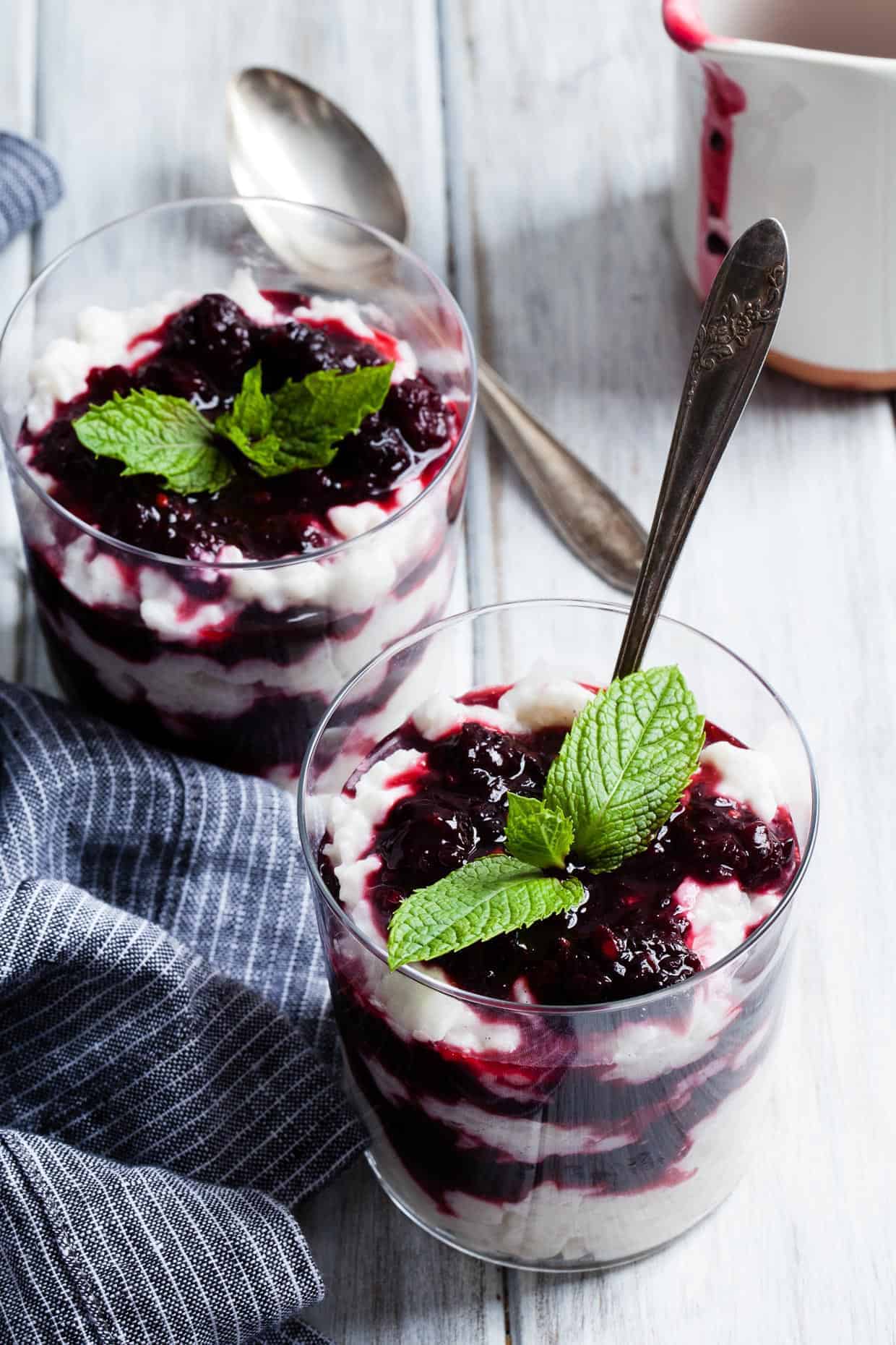 Coconut Rice Pudding with Mint Mulberry Compote