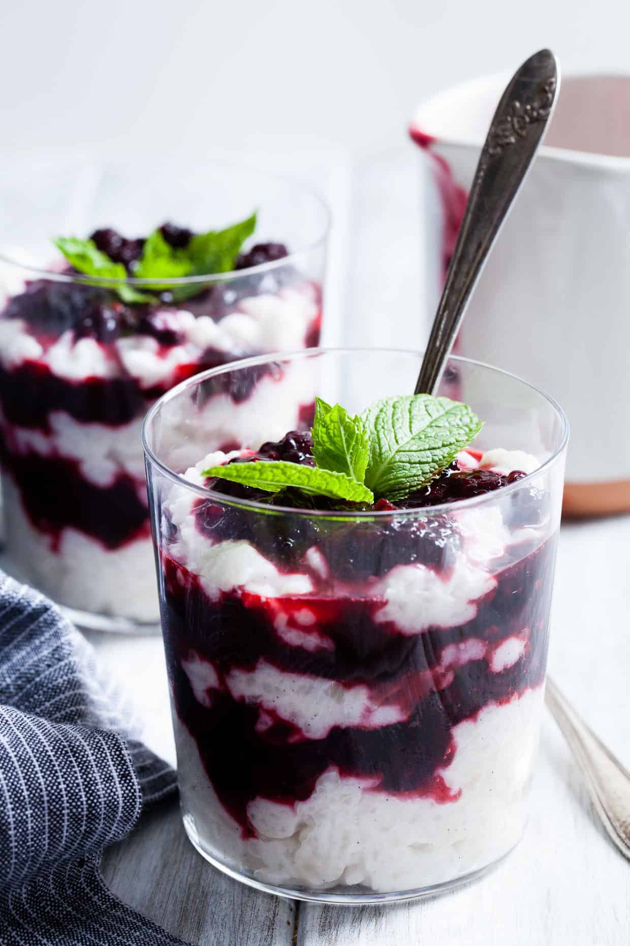 Coconut Rice Pudding with Mint Mulberry Compote