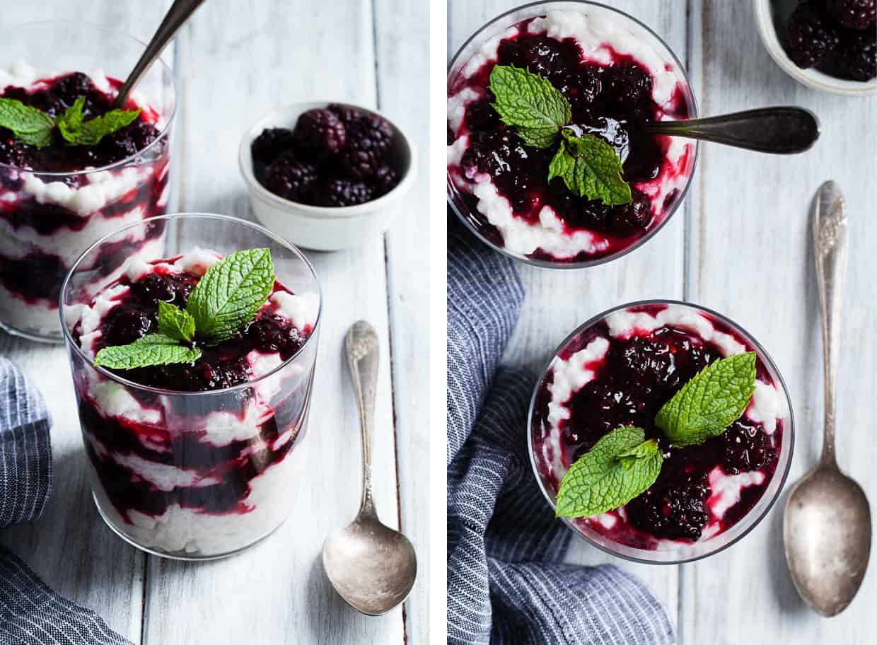 Coconut Rice Pudding with Mint Mulberry Compote