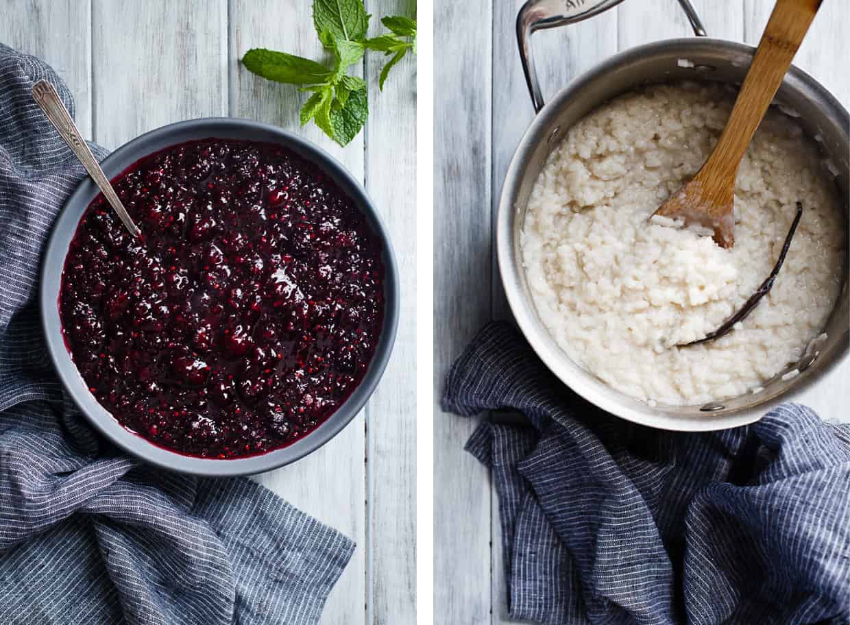 Coconut Rice Pudding with Mint Mulberry Compote