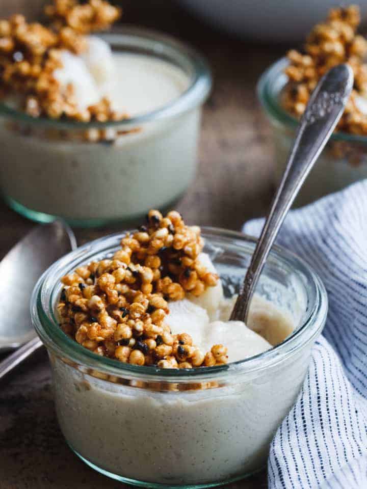 Ginger Tofu Pudding with Soy Milk Mochi & Kinako Black Sesame Puffed Millet Crumble