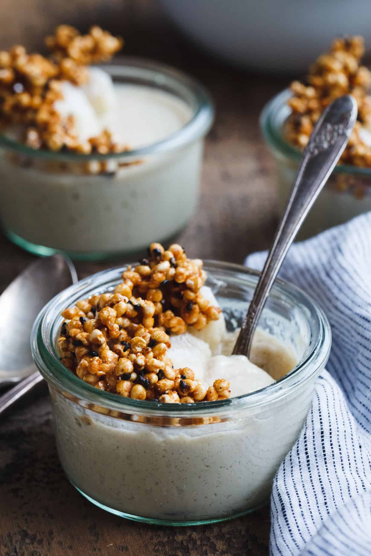 Ginger Tofu Pudding with Soy Milk Mochi & Kinako Black Sesame Puffed Millet Crumble